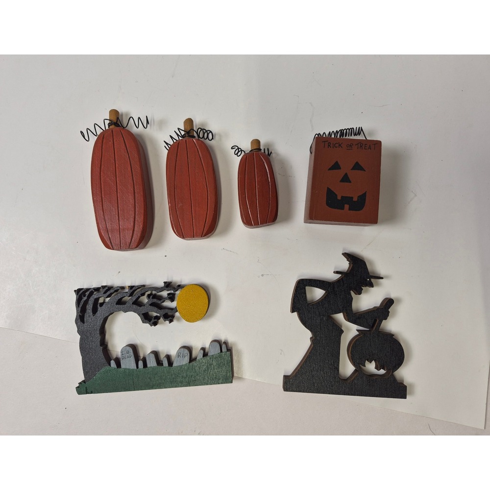 Rustic Wooden Halloween Shelf Sitter Set Pumpkins‎ Witch Graveyard Decor 6pc